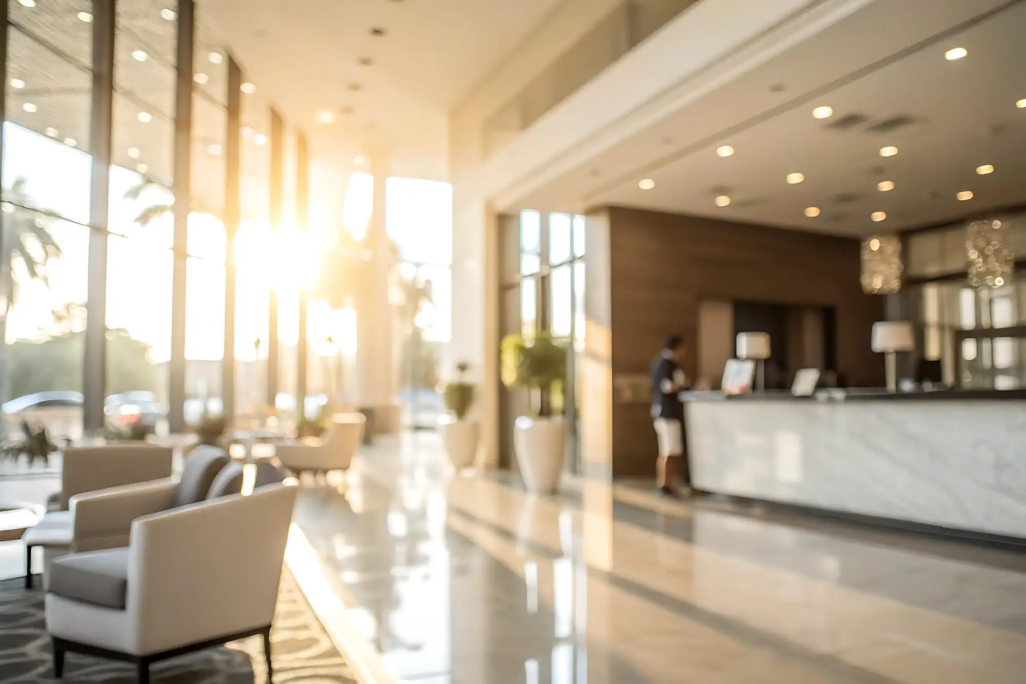 Sunlit hotel lobby with check-in desk and seating