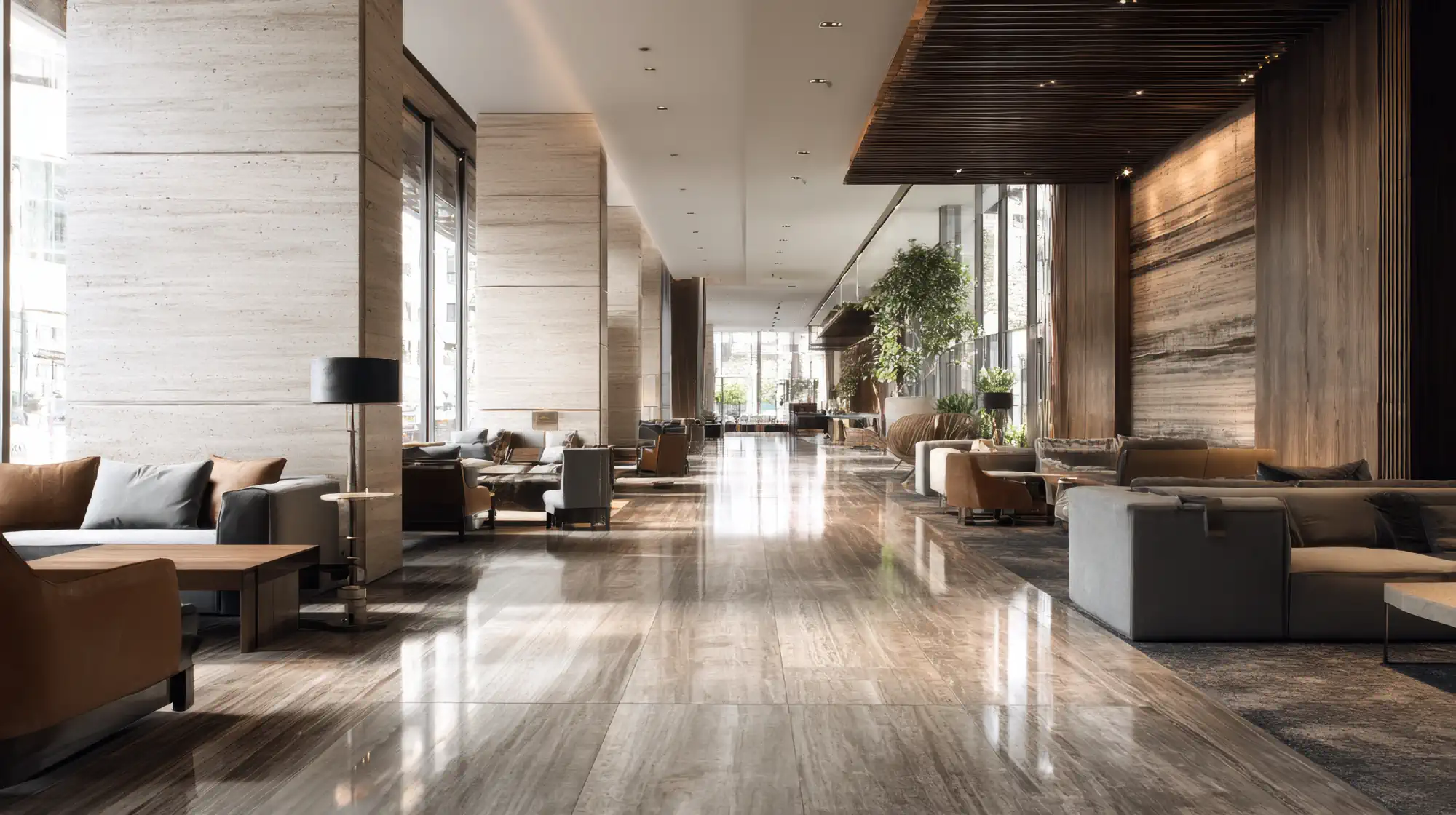 Upscale hotel lobby with lounge seating and high ceilings