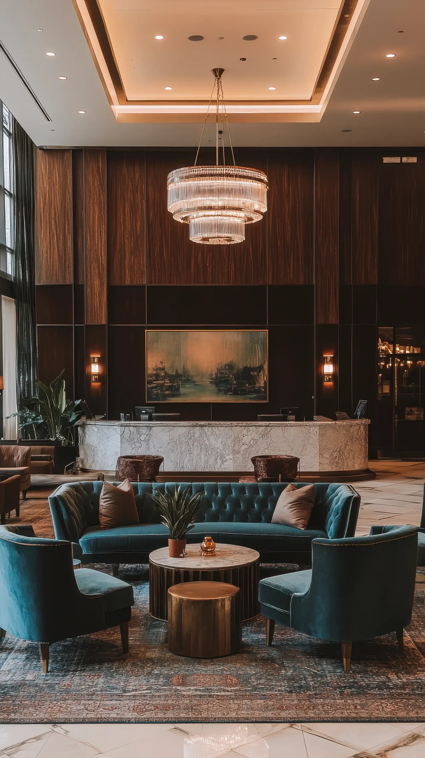 Luxury hotel lobby with reception desk and guest seating area