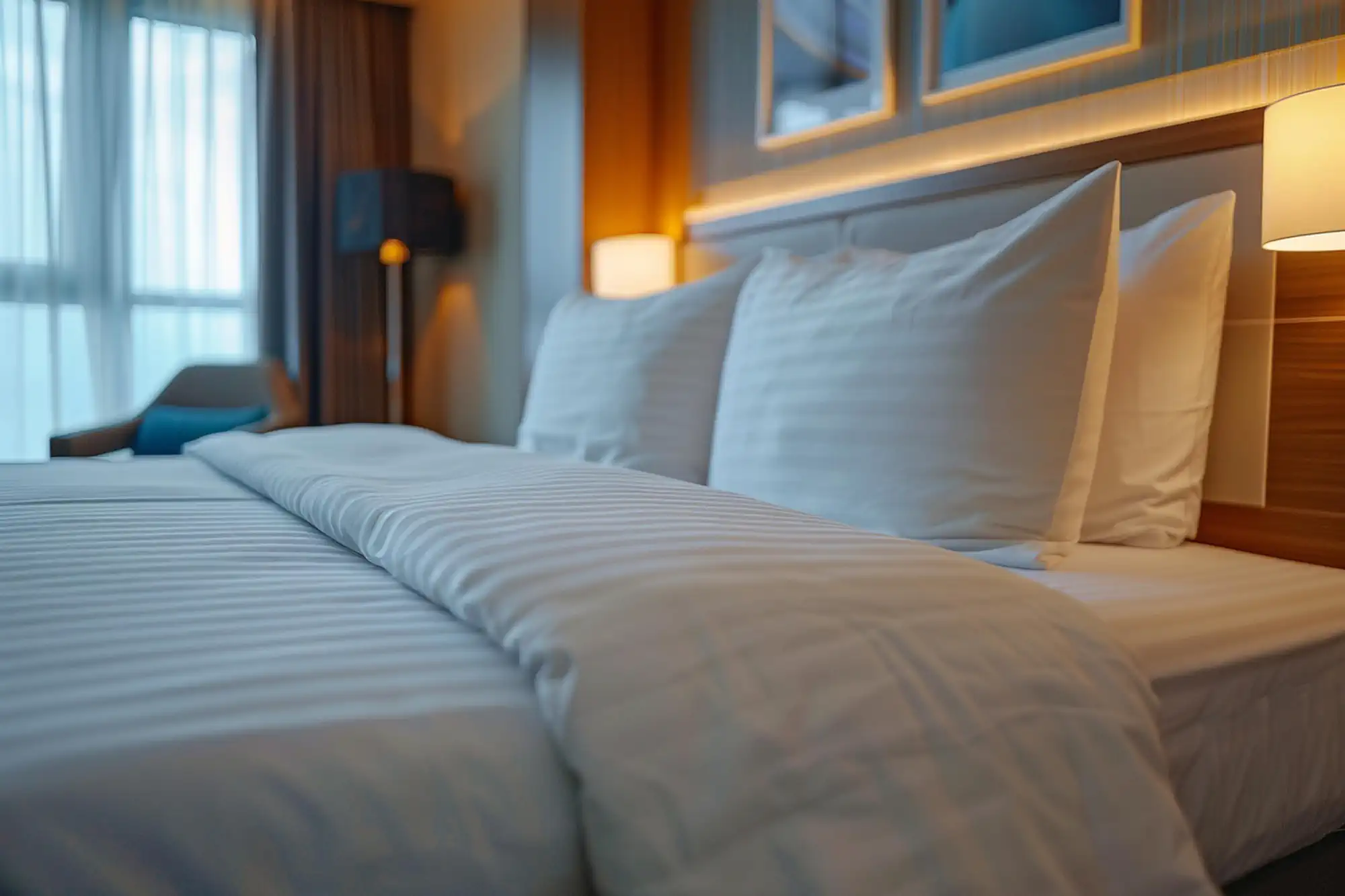 Hotel guest room with king bed and seating area