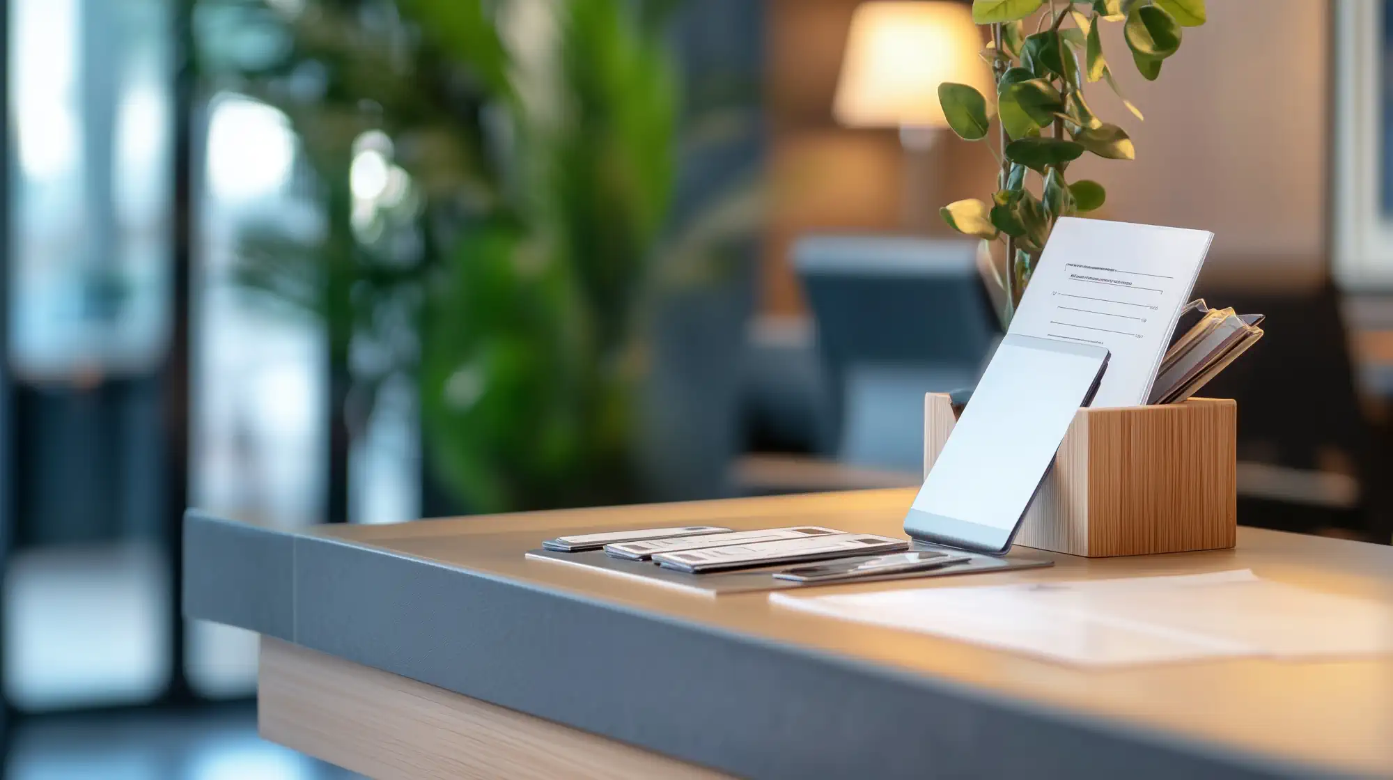 Hotel reception desk with guest information materials