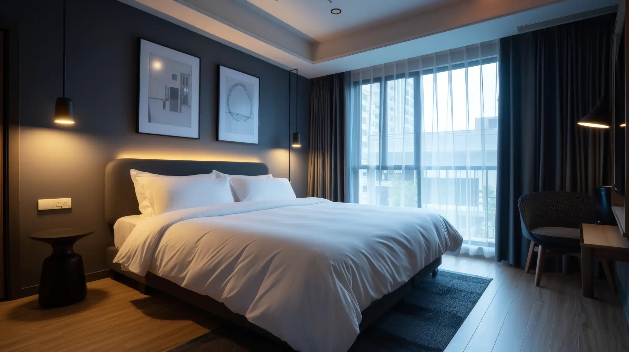 Hotel guest room with king bed and workspace